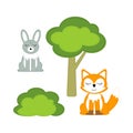 Felt toys. A Fox, a hare, a Bush and a tree.
